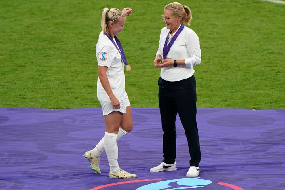 Beth Mead with England head coach Sarina Wiegman (Joe Giddens/PA)