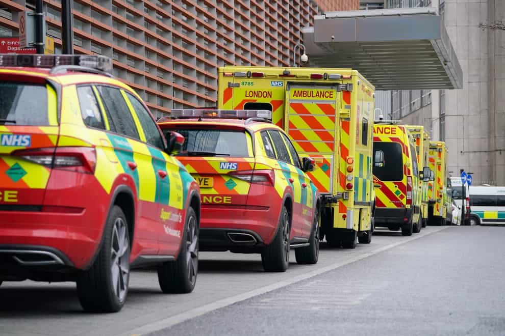 Ambulances queue to hand over patients at the Royal London Hospital (Jonathan Brady/PA)