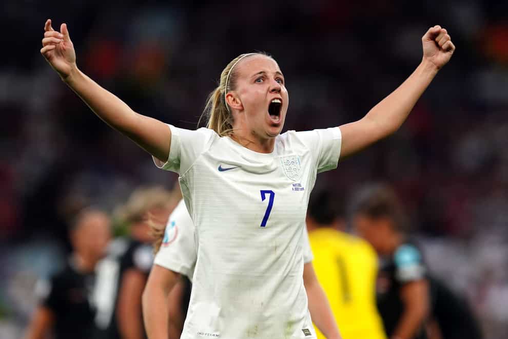 Beth Mead celebrates scoring a goal for England at Euro 2022 (Martin Rickett/PA).