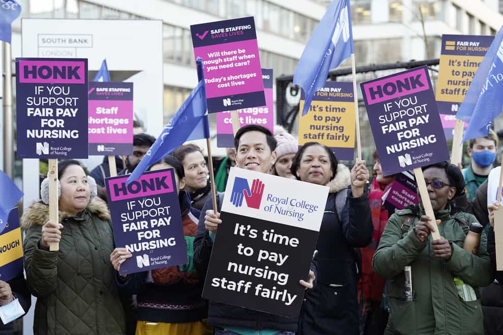 Members of the Royal College of Nursing on the picket line outside St Thomas’ Hospital, central London (Kirsty O’Connor/PA)
