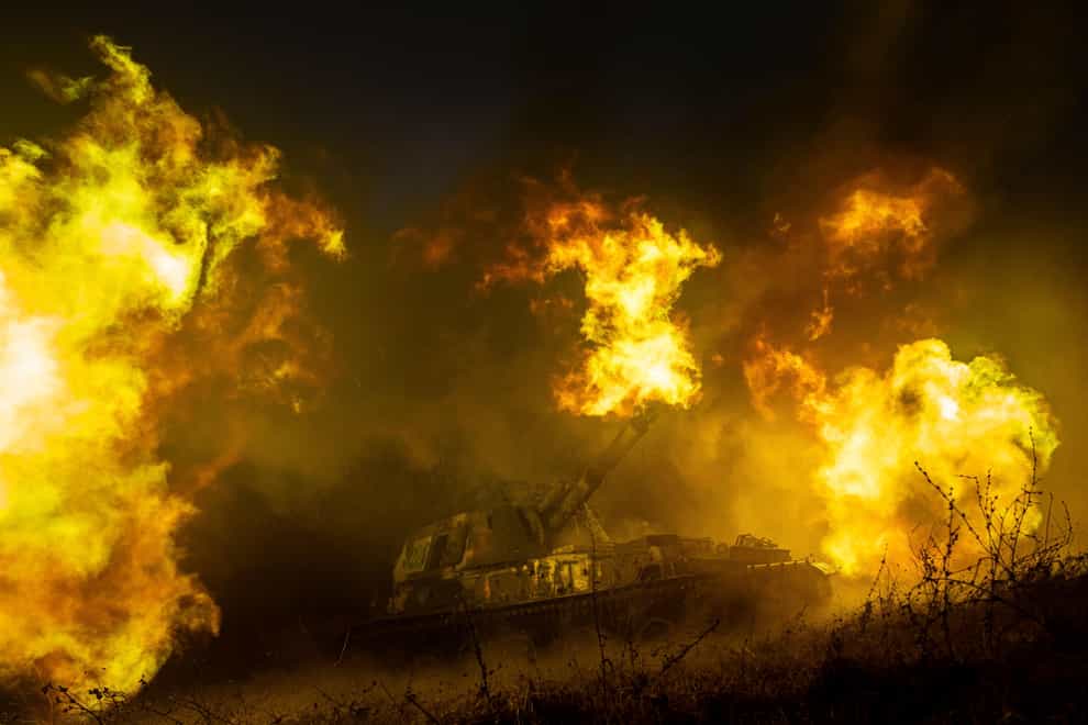 A Ukrainian self-propelled artillery shoots towards Russian forces at a frontline in Kharkiv region, Ukraine (Evgeniy Maloletka/AP)