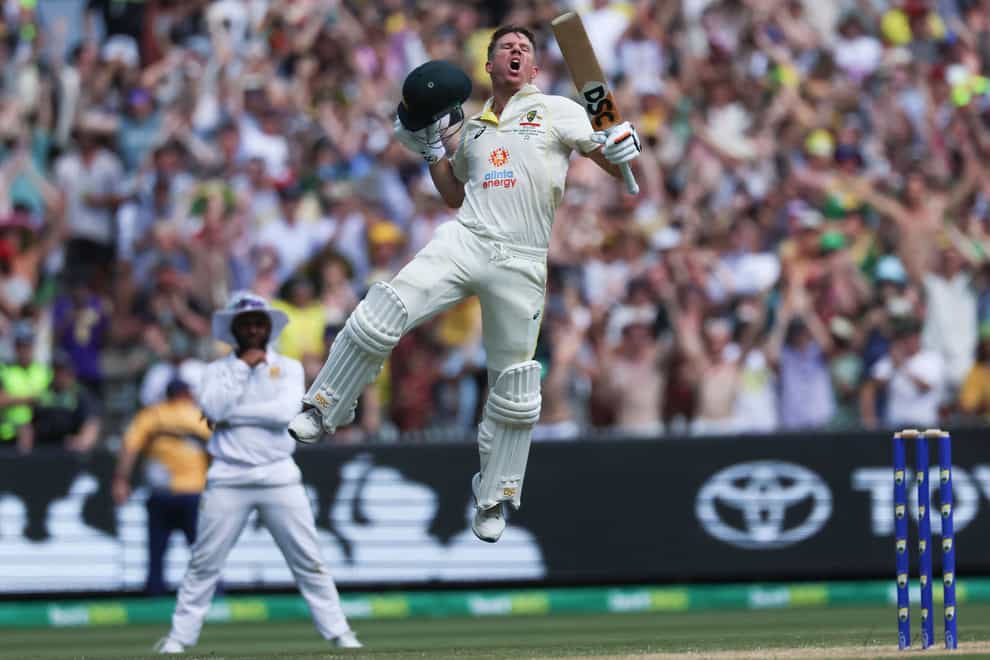 Australia’s David Warner celebrates after scoring 200 (Asanka Brendon Ratnayake/AP)
