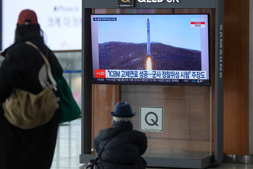 North Korea fired three short-range ballistic missiles toward its eastern waters in its latest weapons display on Saturday (Lee Jin-man/AP)