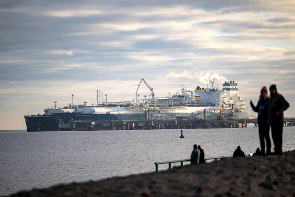 The tanker Maria Energy, loaded with liquefied natural gas, is moored at the floating terminal in Wilhelmshaven, Germany (Sina Schuldt/dpa via AP)