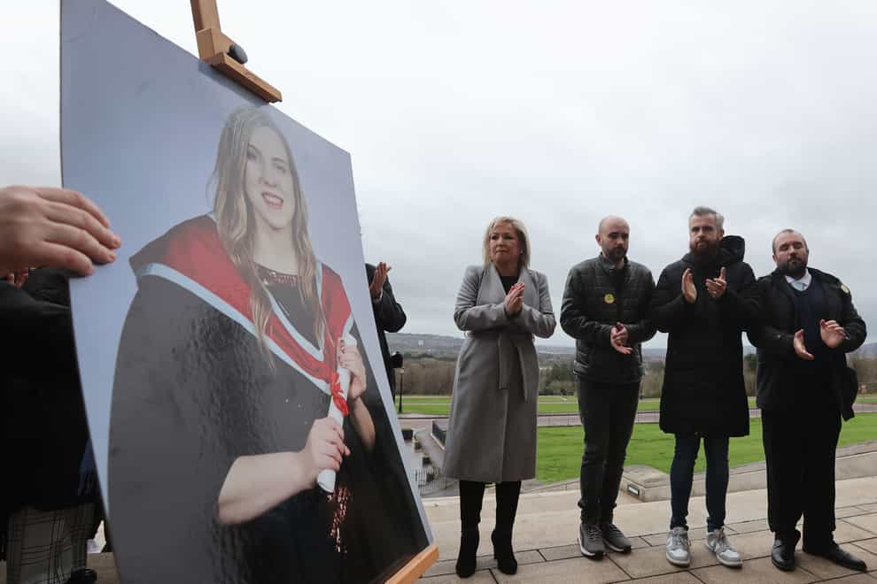 Sinn Fein vice president Michelle O’Neill with Natalie McNally’s brothers (left to right) Declan, Niall and Brendan during a vigil for women who have died in violent circumstances outside the Parliament Buildings, Belfast. Ms McNally 32, was fatally stabbed at her home in Lurgan in December. (Liam McBurney/PA)