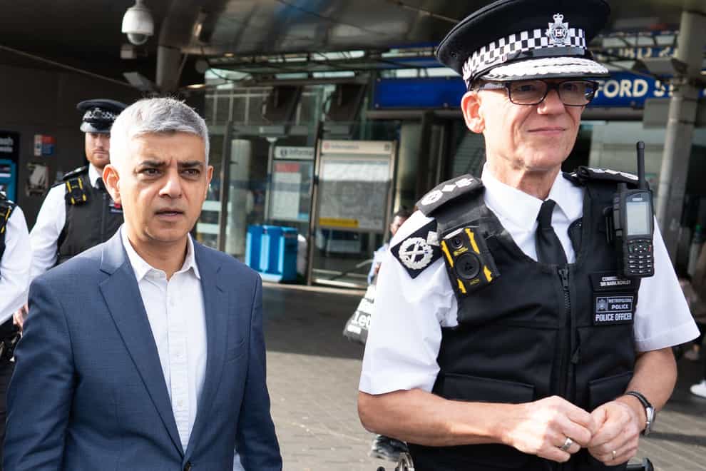 Mayor of London, Sadiq Khan (centre), and Metropolitan Police Commissioner, Mark Rowley (Stefan Rousseau/PA)