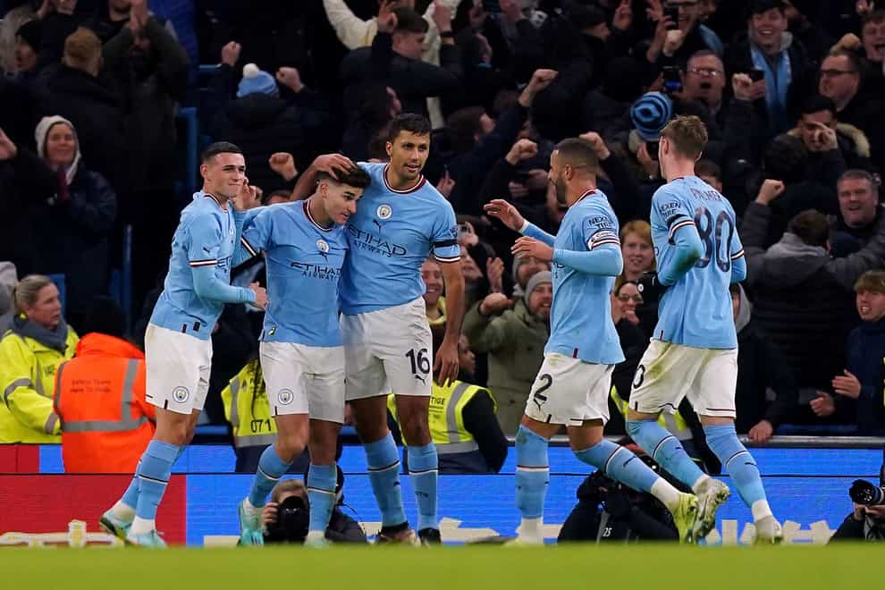 Julian Alvarez, second left, celebrates scoring Manchester City’s second goal in their 4-0 FA Cup win over Chelsea (Martin Rickett/PA)