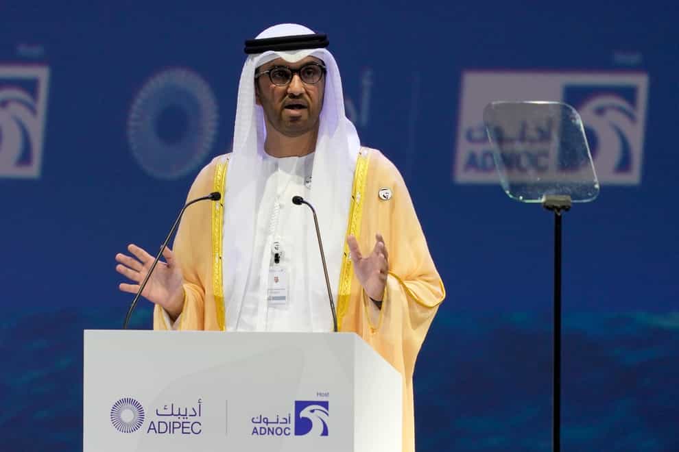 FILE – The Emirati Minister of State and the CEO of Abu Dhabi’s state-run Abu Dhabi National Oil Co. Sultan Ahmed al-Jaber talks at the Abu Dhabi International Petroleum Exhibition & Conference in Abu Dhabi, United Arab Emirates, Oct. 31, 2022. (AP Photo/Kamran Jebreili, File)