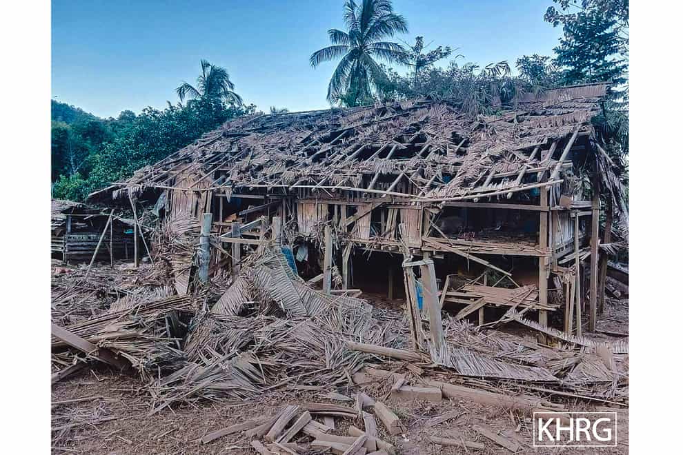 Homes are destroyed by suspected military air strikes in the district of Mutraw, also known as Papun, in eastern Myanmar’s Karen State (Karen Human Rights Group via AP)
