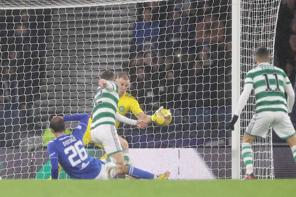 Celtic goalkeeper Joe Hart saves from Kilmarnock’s Christian Doidge (Steve Welsh/PA)