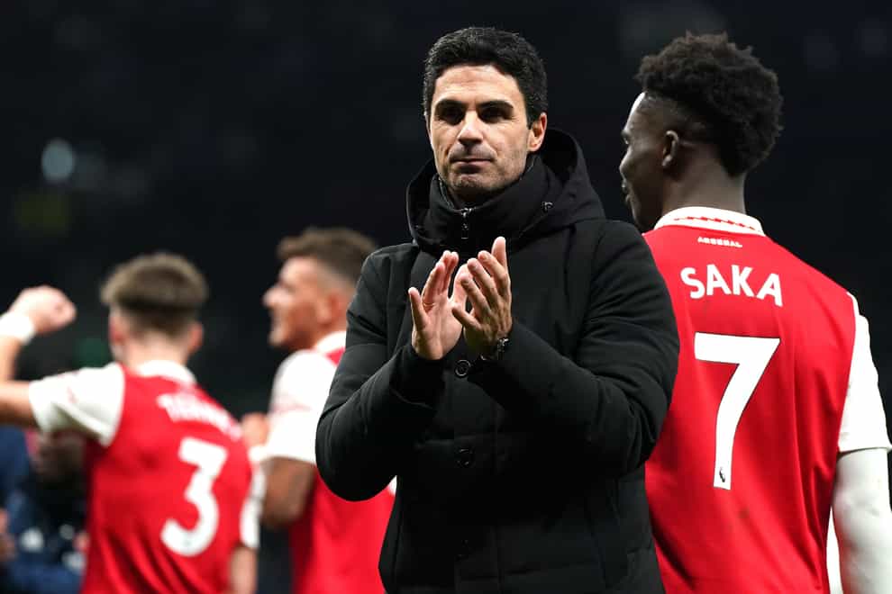 Arsenal manager Mikel Arteta applauds the fans after the final whistle in the Premier League match at the Tottenham Hotspur Stadium, London. Picture date: Sunday January 15, 2023.