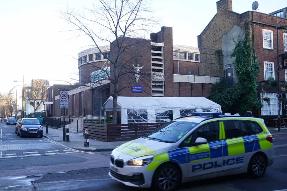 A view of St Aloysius Roman Catholic Church on Phoenix Road, in Euston, where four women and two children were injured when gunmen fired shotgun pellets from a black Toyota outside the church as people attended a memorial service at about 1.30pm on Saturday. A seven-year-old girl is in a stable but life-threatening condition following the suspected drive-by shooting outside the church, while another girl and four women have been injured in the same incident (PA)