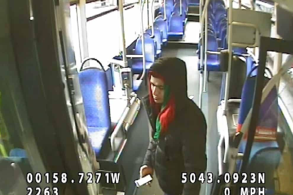 Screenshot taken with permission from a Dorset Police video that was shown to the jury, showing Lawangeen Abdulrahimzai, on a bus in Bournemouth. Mr Abdulrahimzai, is on trial at Salisbury Crown Court, charged with the murder of 21-year-old Thomas Roberts outside a Subway sandwich shop (Dorset Police/PA)