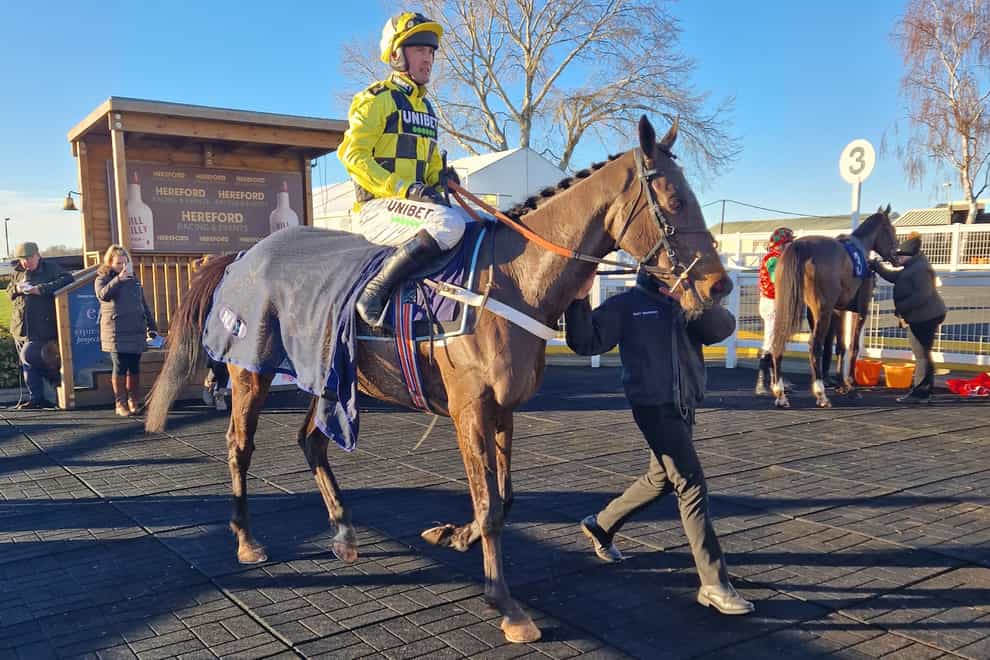 City Chief and Nico De Boinville after winning the Go racing With Vickers.Bet Novices’ Limited Handicap Chase at Hereford on January 16, 2023