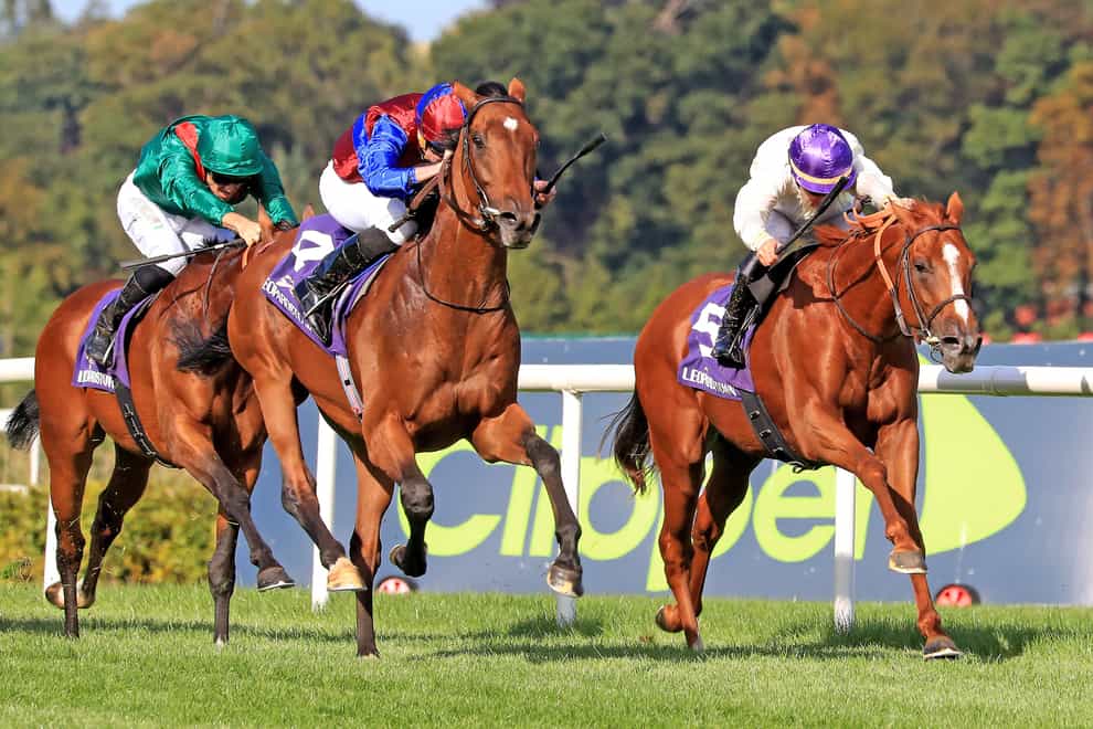 Luxembourg (centre) winning the Irish Champion Stakes at Leopardstown (Donall Farmer/PA)
