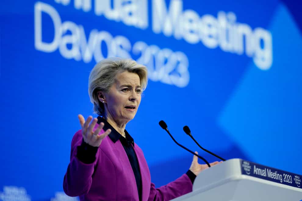 EU Commission President Ursula von der Leyen delivers a speech at the World Economic Forum in Davos (Markus Schreiber/AP)
