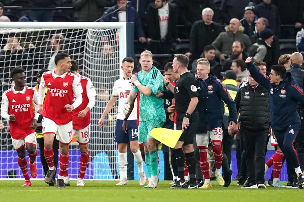 Arsenal goalkeeper Aaron Ramsdale was kicked during the derby (Nick Potts/PA)