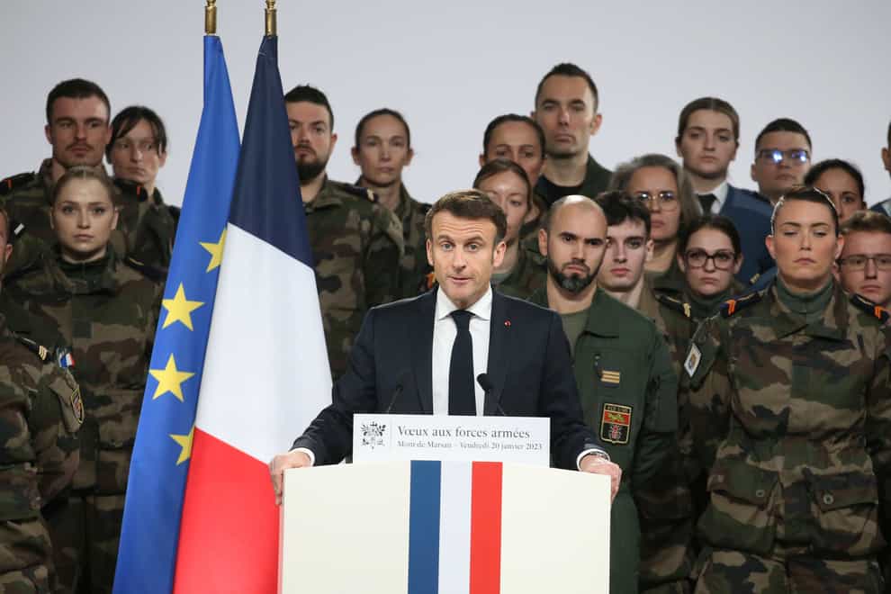 French President Emmanuel Macron delivers his New Year address to the French army (Bob Edme/AP)