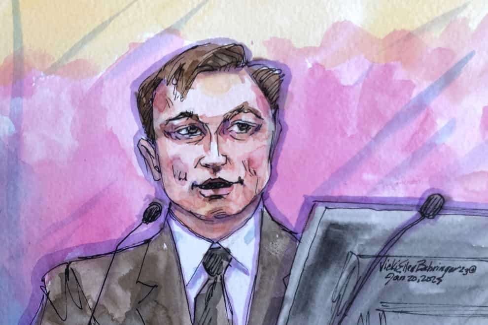 In this courtroom sketch, Elon Musk appears in federal court in San Francisco, Friday, Jan. 20, 2023. Musk took the witness stand to defend a 2018 tweet claiming he had lined up the financing to take Tesla private in a deal that never came close to happening (Vicki Behringer via AP/PA)