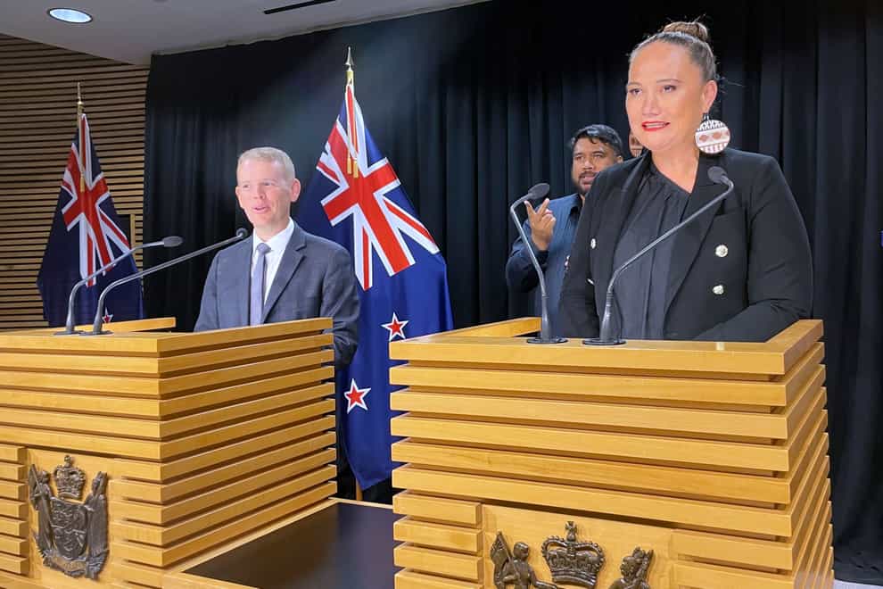 Chris Hipkins, left, and Carmel Sepuloni hold a press conference at Parliament in Wellington, on Sunday, Jan. 22, 2023 (Nick Perry/AP/PA)
