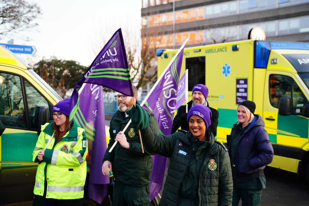 Ambulance workers on the picket line outside Croydon Street Ambulance Station in Bristol as the bitter dispute over pay continues (Ben Birchall/PA)