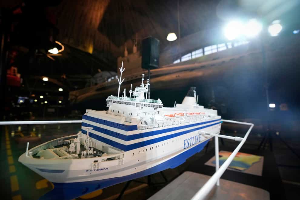 Physical model of the Estonia is presented during a news conference at the Maritime Museum in Tallinn (AP)