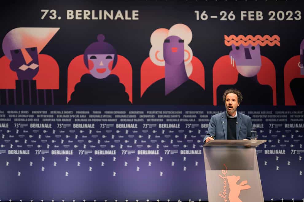 Artistic director Carlo Chatrian, right, and managing director Mariette Rissenbeek, of the International Berlin Film Festival, brief the media during a news conference in Berlin, Germany (Markus Schreiber/AP)