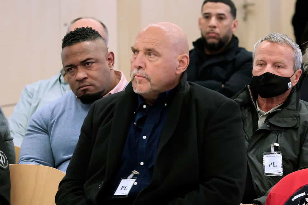 German national Frank Hanebuth, centre, sits in the dock with others at the National Court in San Fernando de Henares, just outside Madrid, Spain (Zipi Aragon, Pool photo via AP)