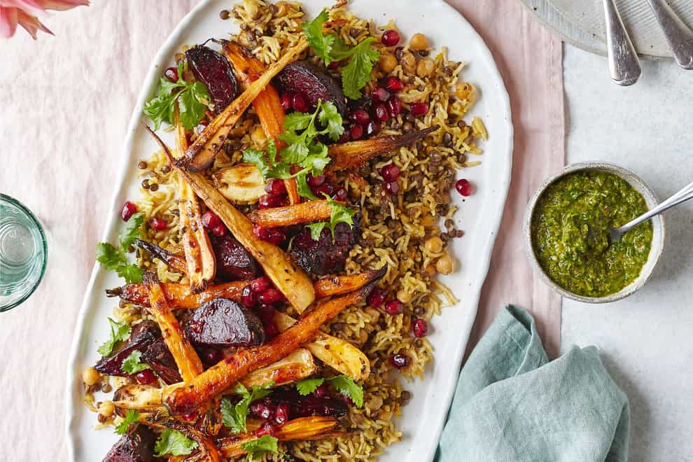Rice and lentils with tahini roasted root veg (Nassima Rothacker/PA)