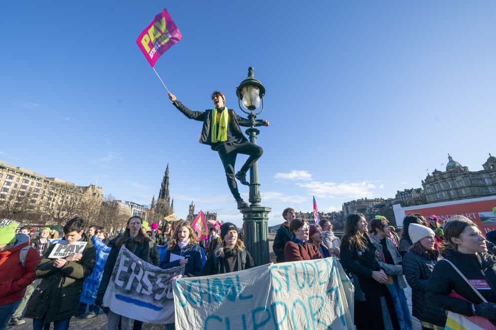 Teachers gather at The Mound in central Edinburgh to highlight the need for a fair pay deal for Scotland’s teachers (Jane Barlow/PA)