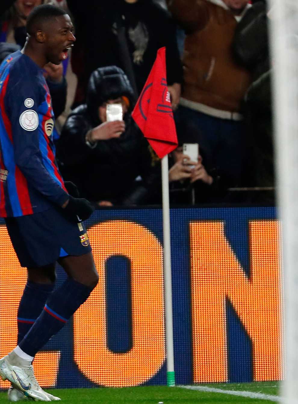 Ousmane Dembele celebrates after scoring in Barcelona’s win over Real Sociedad (AP/Joan Monfort)