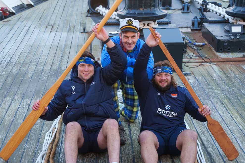 Left to right, Grant Gilchrist, Rob Wainwright and Pierre Schoeman before they take part in the The Doddie Aid Britannia Regatta on January 28 (Doddie Aid 2023/PA)