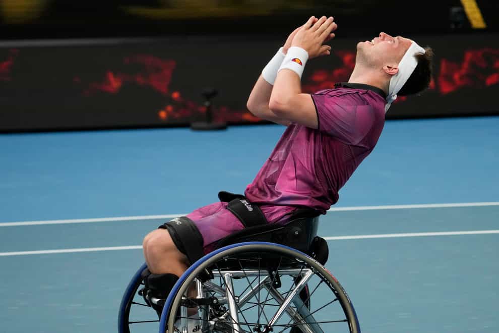 Alfie Hewett reacts after winning his first Australian Open singles title (Ng Han Guan/AP)