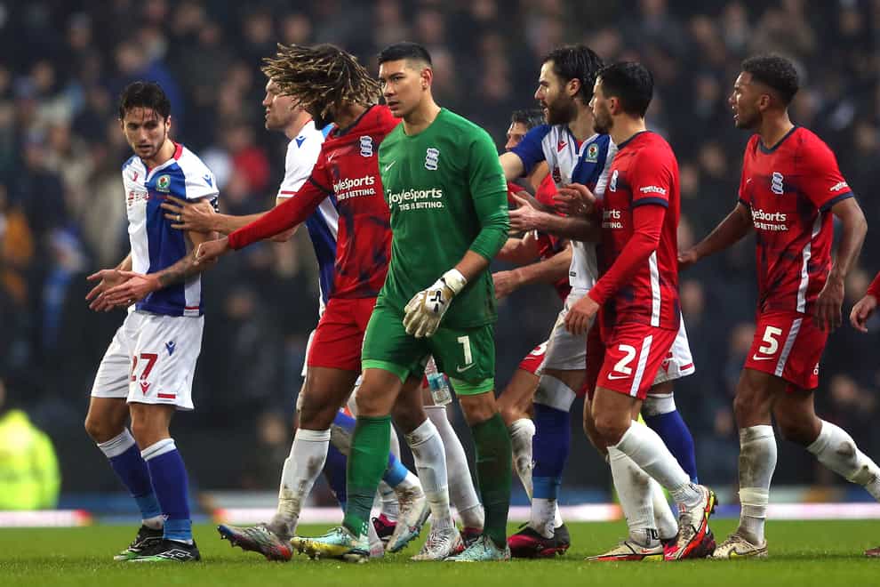 Birmingham goalkeeper Neil Etheridge, centre, alleged he was racially abused (Barrington Coombs/PA)