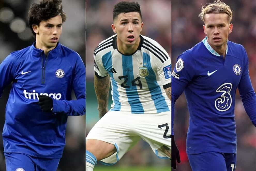 Enzo Fernandez, centre, has joined Joao Felix and Mykhailo Mudryk in becoming a big-money signing for Chelsea (PA)