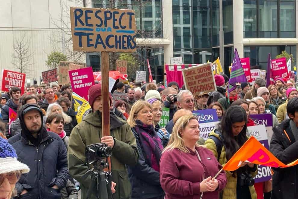 Around 600 people joined a rally in Cardiff’s Central Square in protest against harsher government restrictions on striking (PA)