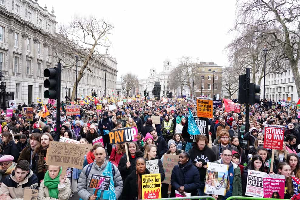 Striking members and supporters of the National Education Union (NEU) on Whitehall, on a march from Portland Place to Westminster where they will hold a rally against the Government’s controversial plans for a new law on minimum service levels during strikes (Jordan Pettitt/PA)