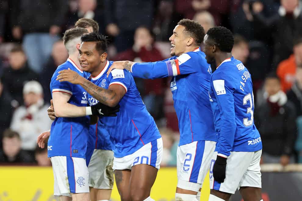 Alfredo Morelos celebrates Rangers’ third goal at Tynecastle (Steve Welsh/PA)