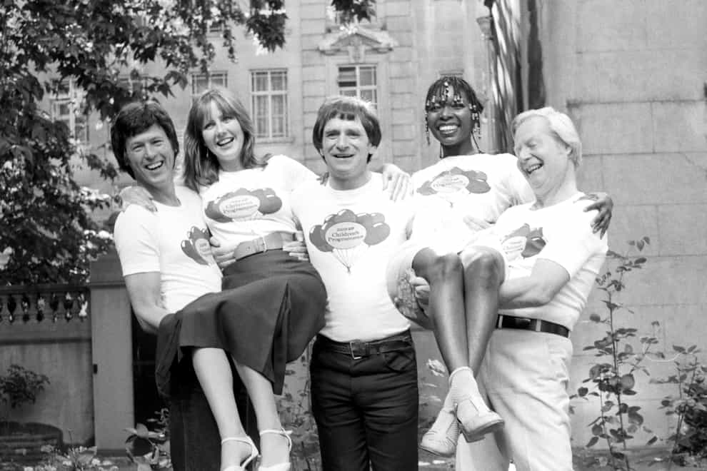 John Craven (Newsround), Sarah Greene (Blue Peter), Johnny Ball (Think of a Number), Floella Benjamin (Play School) and Tony Hart (Take Hart), promote the Autumn/Winter season of children’s programmes on the BBC (Archive/PA)