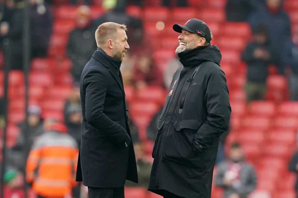 Liverpool boss Jurgen Klopp with Chelsea manager Graham Potter (Martin Rickett/PA)