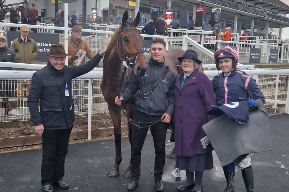 Beachcomber, trained by Jonjo O’Neill and ridden by Jonjo O’Neill Jr, after their 14-1 win in the Cazoo Open National Hunt Flat Race at Chepstow, Feb 3, 2023 (Simon Milham/PA)