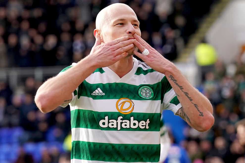 Aaron Mooy celebrates another goal for Celtic (Andrew Milligan/PA)