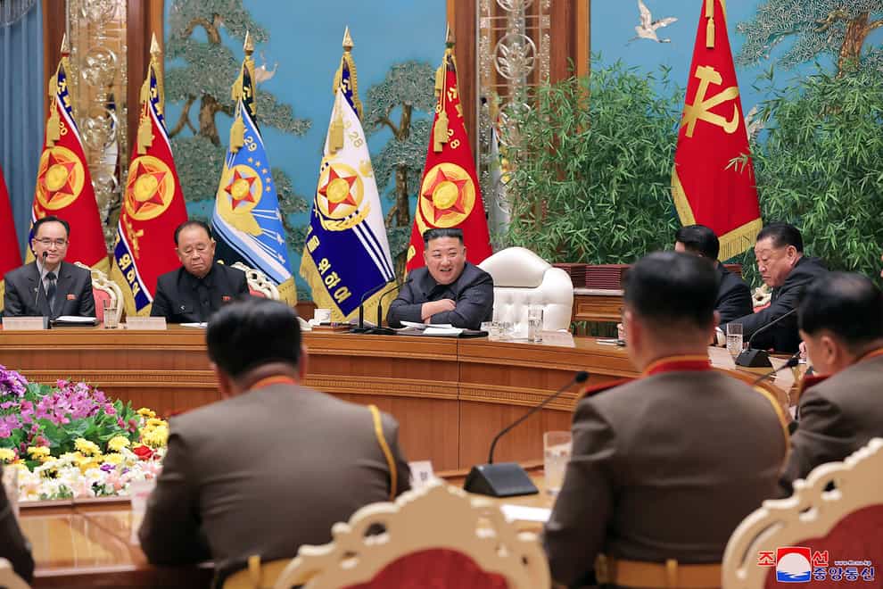 Kim Jong Un, centre, attends a meeting of the ruling Workers’ Party’s Central Military Commission in Pyongyang (Korean Central News Agency/Korea News Service via AP)