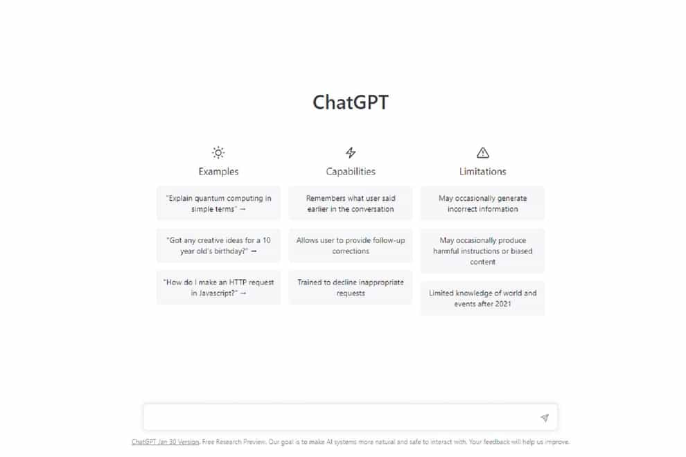 First launched late last year, ChatGPT has become an online sensation because of its ability to hold natural conversations but also to generate speeches, songs and essays (Screengrab/PA)