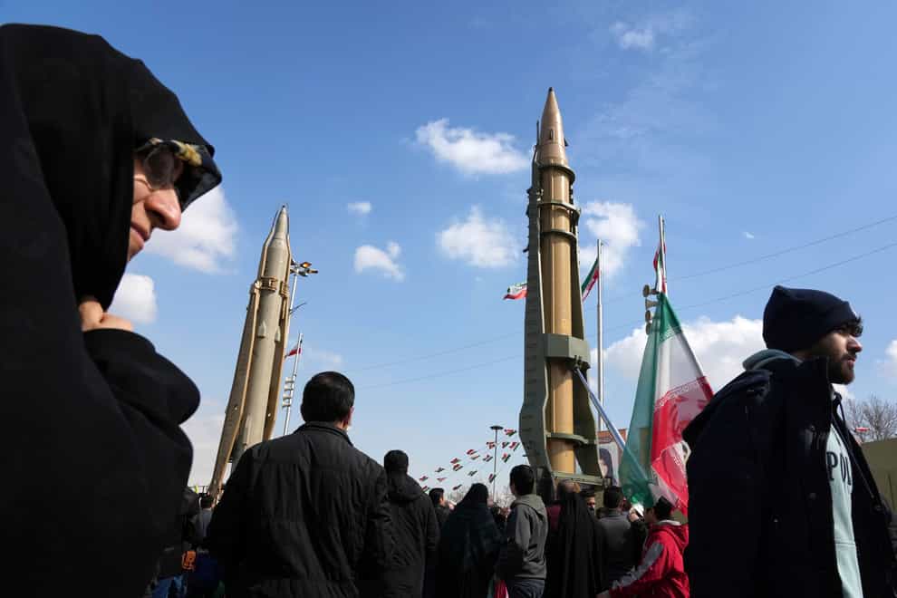 Iran’s domestically built missiles are displayed during the annual rally commemorating Iran’s 1979 Islamic Revolution, in Tehran (Vahid Salemi/AP)