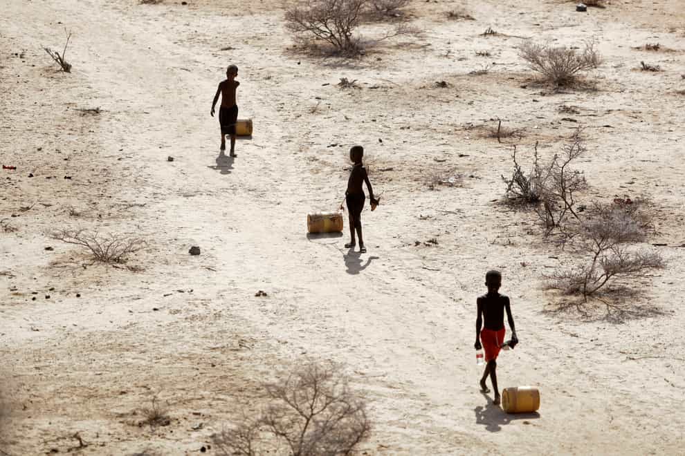 Young boys pull containers of water as they return to their huts from a well in the village of Ntabasi village amid a drought in Samburu East, Kenya (Brian Inganga/AP)