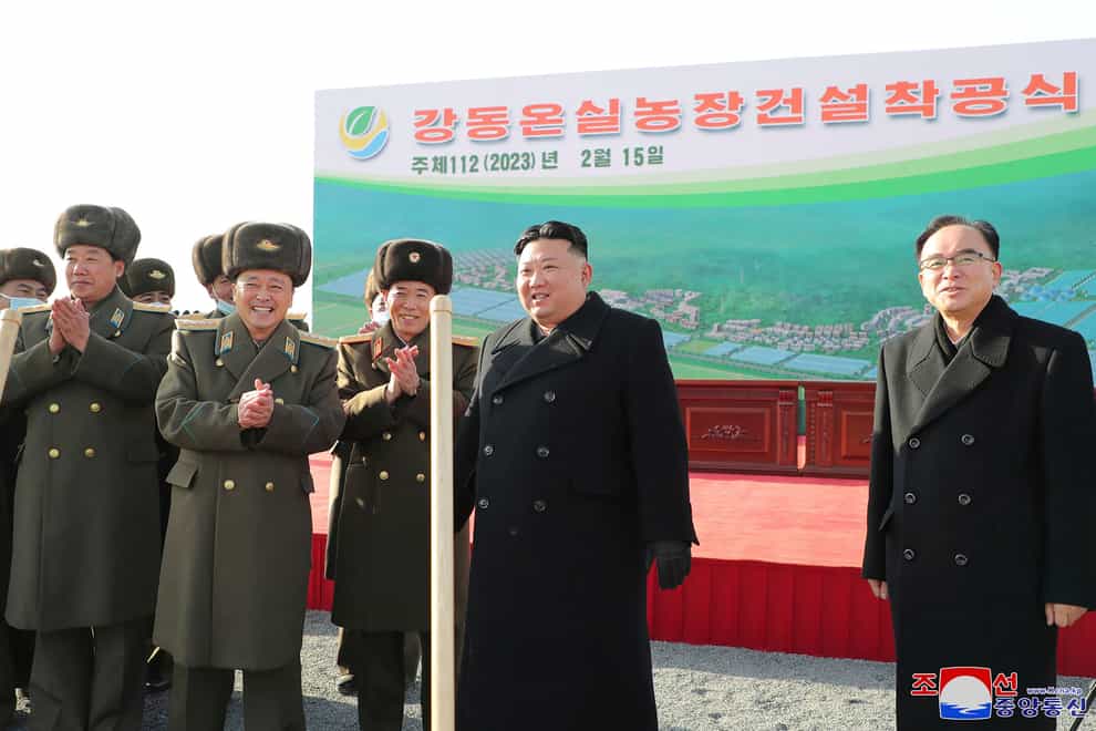 In this photo provided by the North Korean government, North Korean leader Kim Jong Un, second right, participates in groundbreaking ceremonies for new housing and farming projects in Pyongyang, North Korea Wednesday, Feb. 15, 2023. Independent journalists were not given access to cover the event depicted in this image distributed by the North Korean government. The content of this image is as provided and cannot be independently verified. Korean language watermark on image as provided by source reads: “KCNA” which is the abbreviation for Korean Central News Agency. (Korean Central News Agency/Korea News Service via AP)