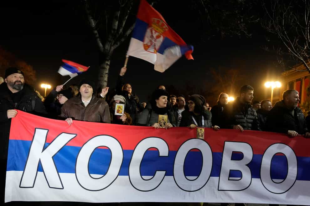 Pro-Russian demonstrators call for Serbia to reject the recognition of Kosovo as an independent country (AP Photo/Darko Vojinovic)
