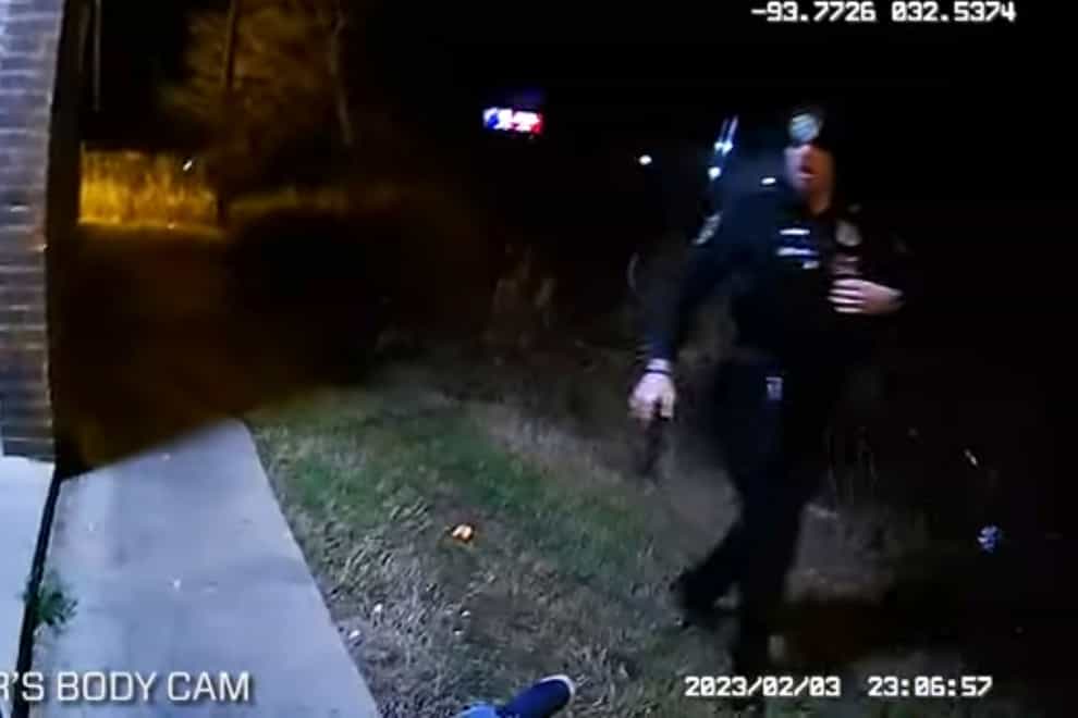 This photo provided by Louisiana State Police shows police body cam video of Shreveport Police Officer Alexander Tyler after shooting Alonzo Bagley after a foot chase on Feb. 3, 2023 in Shreveport, La. The white Louisiana police officer was arrested Thursday, Feb. 16, for fatally shooting Bagley, an unarmed Black man who was trying to flee police responding to a domestic disturbance. Tyler is charged with negligent homicide. (Louisiana State Police via AP)