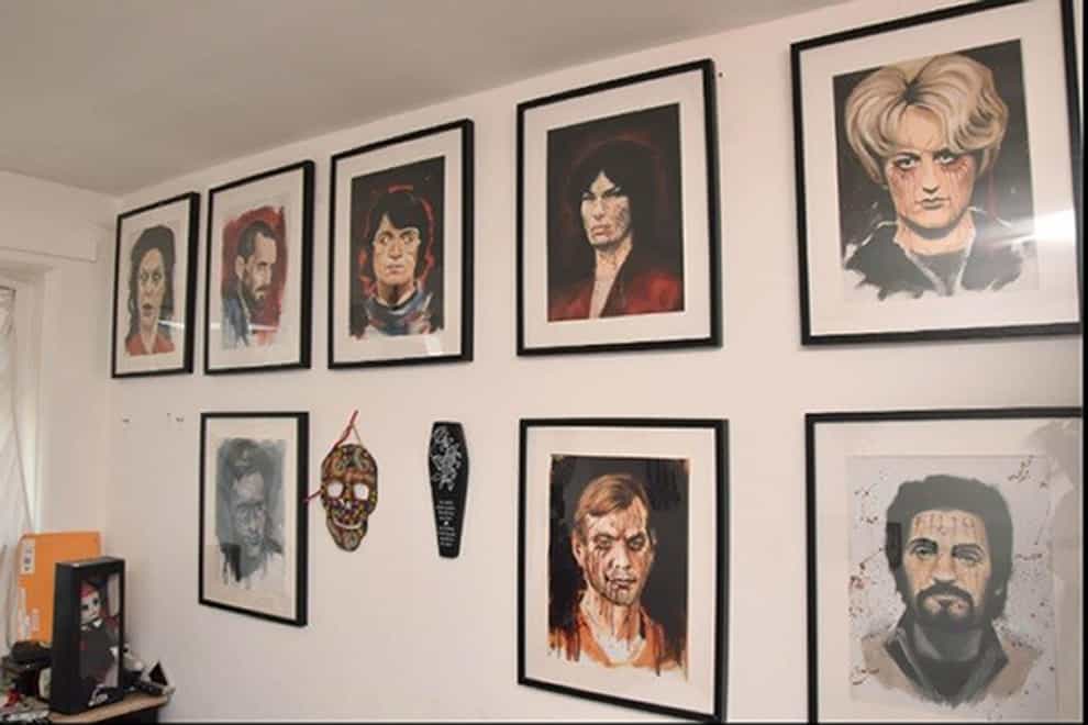 Pictures of serial killers on the bedroom wall of Shaye Groves, which was shown to the jury in her trial at Winchester Crown Court where she is accused of the murder of her on-off boyfriend Frankie Fitzgerald. (Hampshire Constabulary/PA)